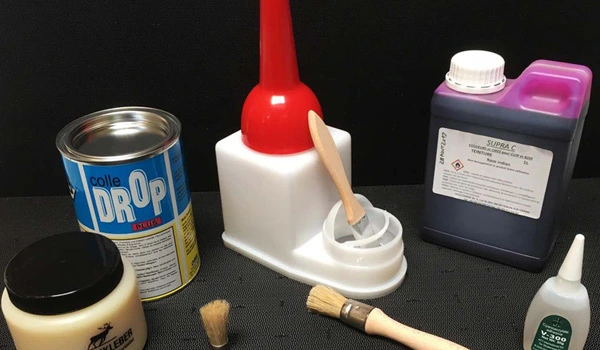 Colle végétale, colle néoprène DROP Plus, Pot à colle avec pinceaux, teinture alcool pour cuir végétal Supra C, Cyanocrylate (glue)